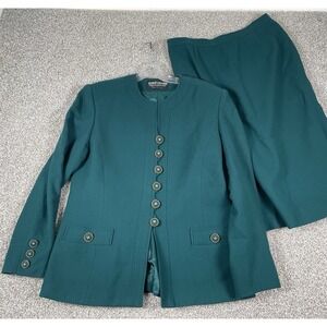 Women's Vtg‎ Herbert Grossman Suit Skirt Jacket Green Wool Office Sz 14 Made USA